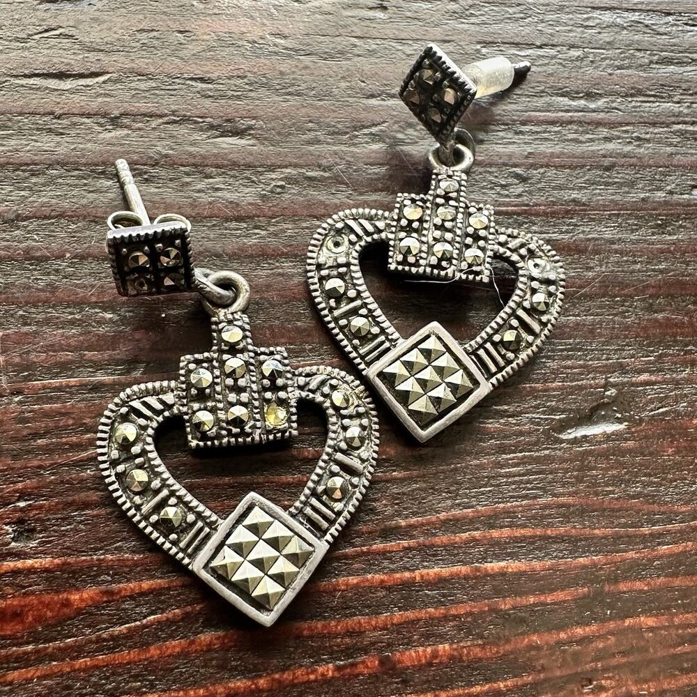 Vintage 925 Sterling Silver Natural Marcasite Heart Pierced Earrings Art Deco